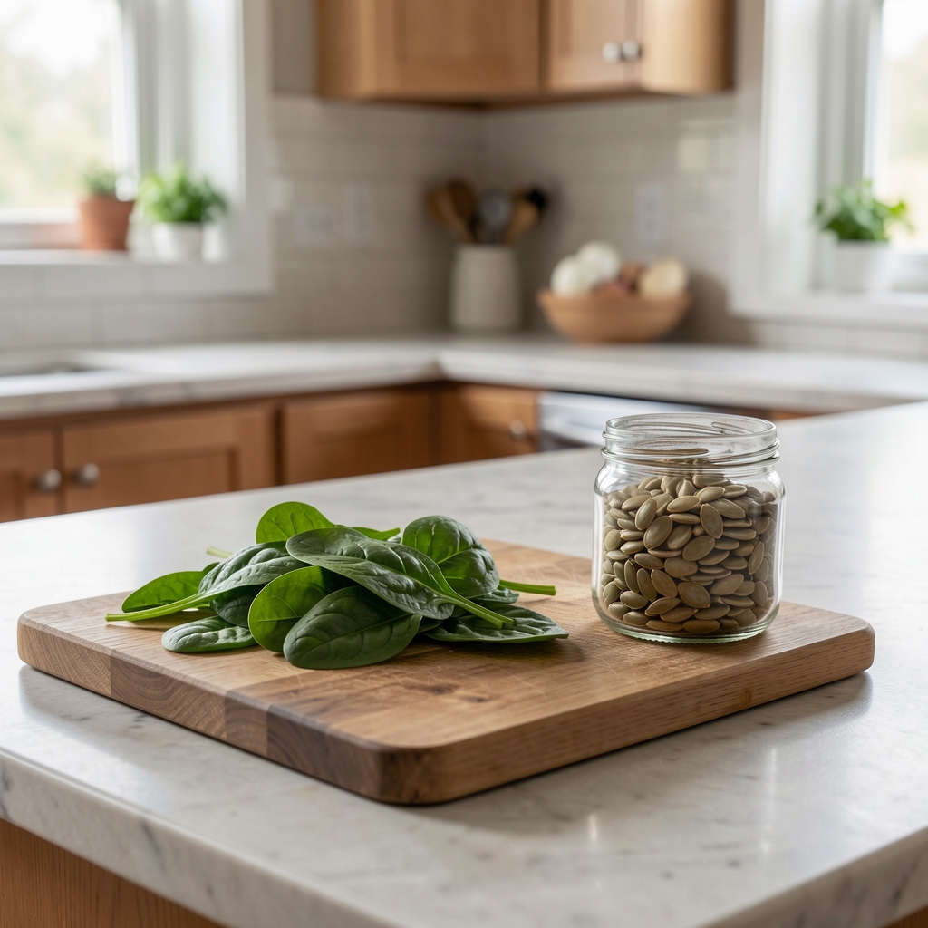 Home kitchen counter with a chopping board, spinach leaves and a small glass jar of pumpkin seeds