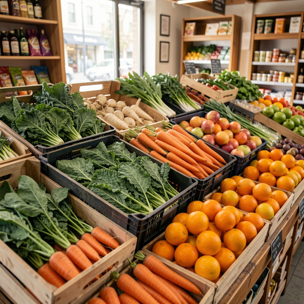 Cape Town fresh produce stall with bins of kale, carrots and citrus fruit
