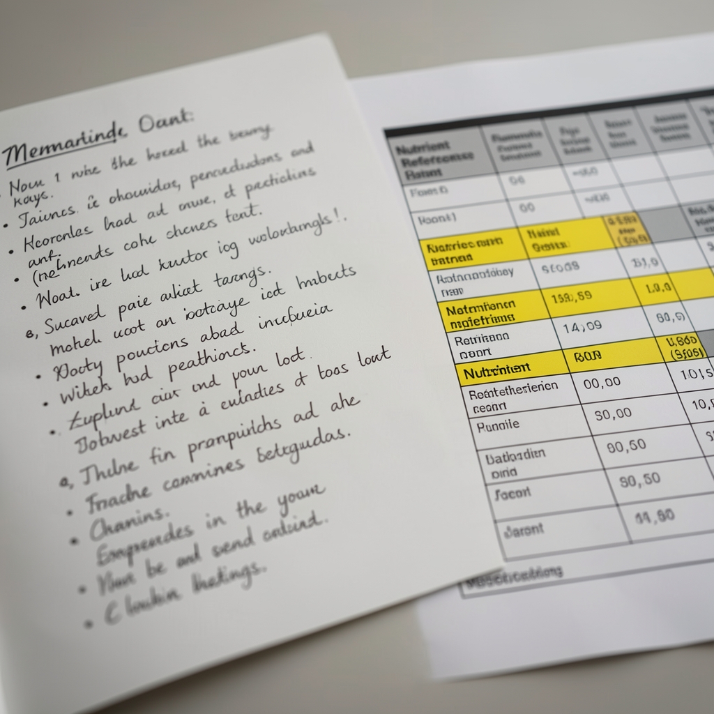 Close-up of a handwritten reading list beside a highlighted nutrient reference chart