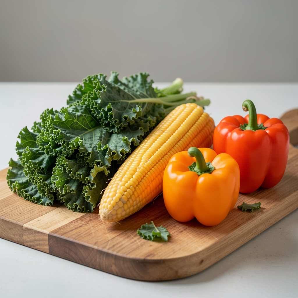Fresh kale, corn cobs and orange bell peppers arranged on a wooden chopping board