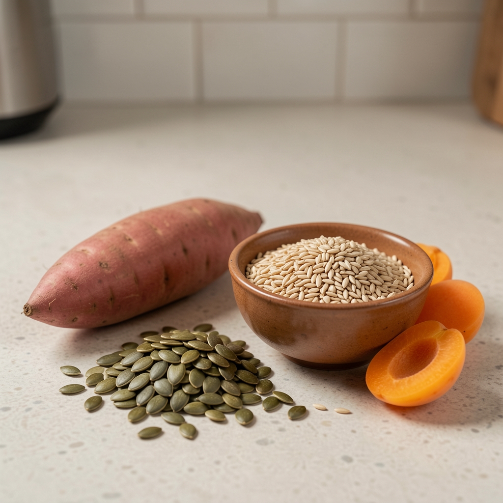 Sweet potato, pumpkin seeds, apricots and a small bowl of grains arranged on a Cape Town kitchen counter